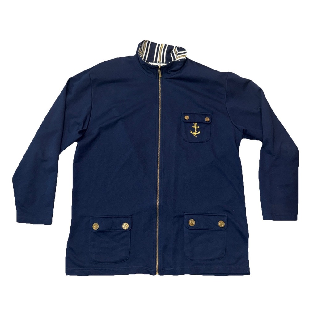 Needle & Threads Women's Navy Blue Jacket Sz Large Embroidered Anchor Nautical